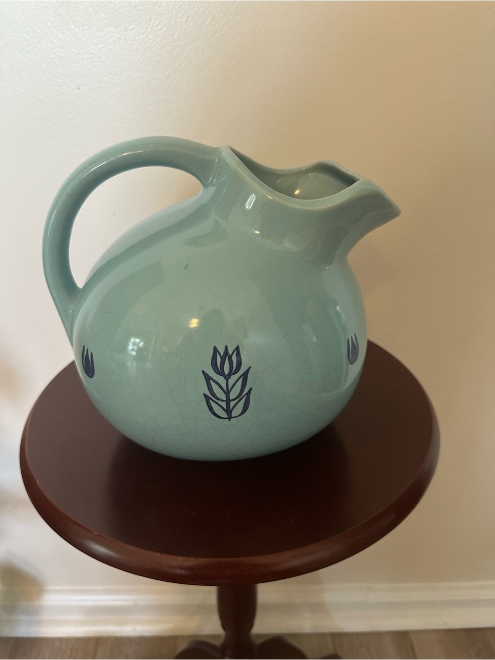 Vintage Cronin Light Blue Ceramic Pitcher with Navy Tulip Motif